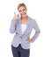Woman, studio and portrait with hand, gesture and smile with hand phone, confidence and suit. Businesswoman, telephone