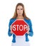 Woman, studio portrait and holding stop sign in hands for serious, assertive or angry face by white background. Activist