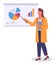 Woman submits a progress report. Character standing at big board pointing on charts and graphs