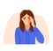 Woman suffering from migraine and headache, pressing hand to head. Tired, stressed, overworked woman. Hand-drawn vector