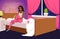 Woman suffering from pain in leg during sleep, flat vector illustration.