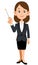 A woman in a suit explains with a pointing stick