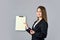 Woman in suit hold folder documents copy space, hospitable administrative worker concept