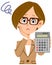 A woman in a suit wearing glasses worried with a calculator