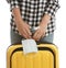 Woman with suitcase, antiseptic spray and protective mask on white background. Travelling during coronavirus pandemic