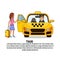 Woman With Suitcase Sitting In Yellow Cab Car Taxi Service Icon Over Background With Copy Space