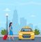 Woman with a suitcase take taxi. Urban background. Yellow Taxi Car, front view. Taxi with smiling man driver. Flat vector