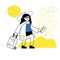 Woman with suitcase on vacation. Trip and rest. Girl with luggage.