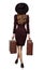 Woman with Suitcases in Black Hat Back Side. Fashion Girl carrying Luggage. Elegant Lady in Classic Dress Rear View Full Length