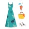 Woman summer clothing vector icon set. blue summer sundress spaghetti strap dress with leaf print, bright print, maxi