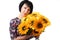 Woman with sunflowers posing on white background