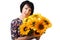 Woman with sunflowers posing on white background