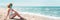Woman in sunglasses and straw hat wearing medical mask at beach, new normal rules, web banner. Life after pandemic