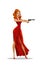 The woman super agent. In a red dress with a gun