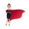 Woman superhero cartoon character. Wonder woman with cape of super man. Confident business lady focused on success. Flat