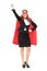 Woman in superhero costume with raised fist