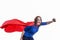 Woman superhero with red cape, white.