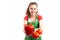 Woman supermarket or retail worker offering fresh vegetables