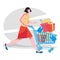 Woman with supermarket trolley hurrying up to purchase goods, flat vector isolated