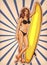 Woman surfer bikini. With the surf board. Vintage backdrop