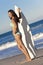 Woman Surfer In Bikini With Surfboard At Beach