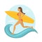 Woman surfer running with surfboard to catch the wave.