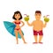 Woman with surfing board and man holding cocktails