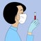 Woman with a surgical mask holding in her hand a test tube