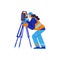 Woman surveyor character watching in special equipment on tripod, flat style