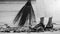 Woman sweeping dry leaves on the cement floor with long wood broom