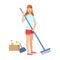 Woman Sweeping A Floor With Broom, Cartoon Adult Characters Cleaning And Tiding Up