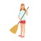 Woman Sweeping The Floor With Broom, Cartoon Adult Characters Cleaning And Tiding Up