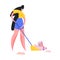 Woman sweeping garbage in pile illustration. Female character volunteer in blue shorts and yellow tshirt with broom.