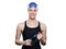 Woman swimmer isolated over white background. Sportswoman smiling. Sportswoman wearing swimming cap holds goggles in hands
