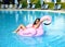 Woman in a swimming pool leisure on a giant inflatable giant pink flamingo float mattress in red bikini