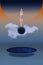 Woman in swimming suit standing in pose to swim atop sphere floating above a circular cosmic portal on water
