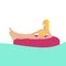 A woman swims on floaties in the blue sea a place for your lettering. Vector Illustration For Your Design. Design