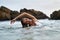 Woman swims in serene lagoon, rocks backdrop, wearing white swimwear. Female enjoys tranquil water, durable cosmetics