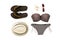 Woman swimsuit beach accessories collage on white background, flat lay, top view