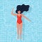 Woman in swimsuit on the water, woman swims in the pool. Vector illustration in flat style