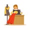 Woman tailor sewing a red dress, craft hobby or profession colorful character vector Illustration