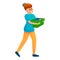 Woman take clothes basket icon, cartoon style