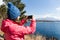 Woman take the photo on Mt. Fuji