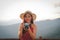 Woman take photo. traveler tourist travel on holiday vacation. journey trip concept