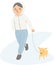 A woman take a walk with therapy dog, dog therapy concept, flat vector illustration.