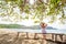 Woman takes rest at the sea shore