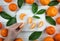 Woman takes tangerine segments from cutting board