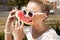 Woman takes watermelon. Concept of healthy and dieting food