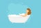 Woman taking a bath full of soap bubbles Relaxed design ideas.Flat cartoon illustration