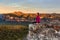 Woman taking in early morning mountain views